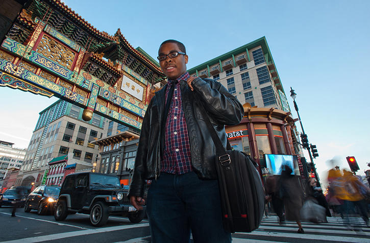 Portrait of student Jeffrey Wood in the Chinatown neighborhood of Washington DC